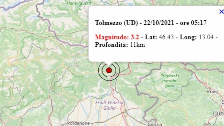 Terremoto in Friuli Venezia Giulia oggi, venerdì 22 ottobre 2021, scossa M 3.2 in provincia di Udine | Dati Ingv