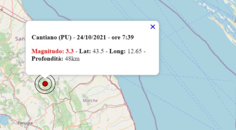 Terremoto oggi nelle Marche, 24 ottobre 2021: scossa M 3.3 in provincia di Pesaro Urbino | Dati INGV