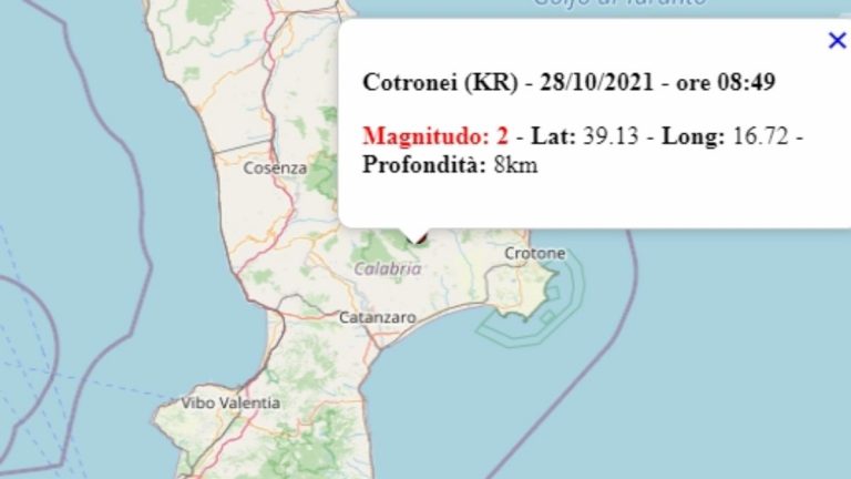 Terremoto in Calabria oggi, 28 ottobre 2021, scossa M 2.0 in provincia di Crotone | Dati Ingv