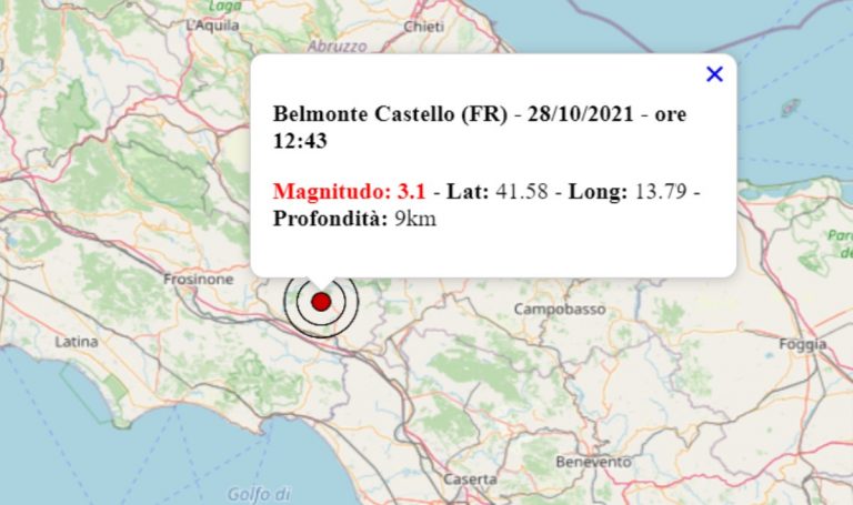 Terremoto oggi nel Lazio, 28 ottobre 2021: scossa M 3.1 in provincia Frosinone – Dati INGV Terremoto oggi nel Lazio, 28 ottobre 2021: scossa M 3.1 in provincia Frosinone – Dati INGV