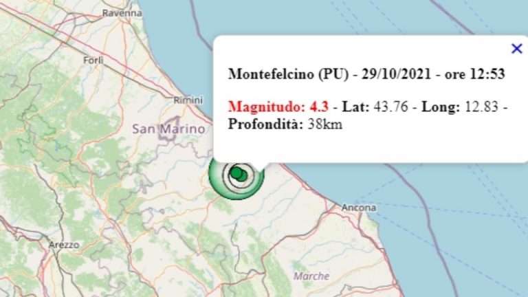 Terremoto oggi Marche, 29 ottobre 2021, intensa scossa M 4.3 avvertita in provincia di Pesaro Urbino – Dati Ingv