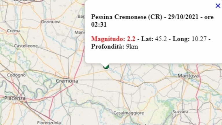 Terremoto in Lombardia oggi, 29 ottobre 2021, scossa M 2.2 in provincia di Cremona – Dati Ingv