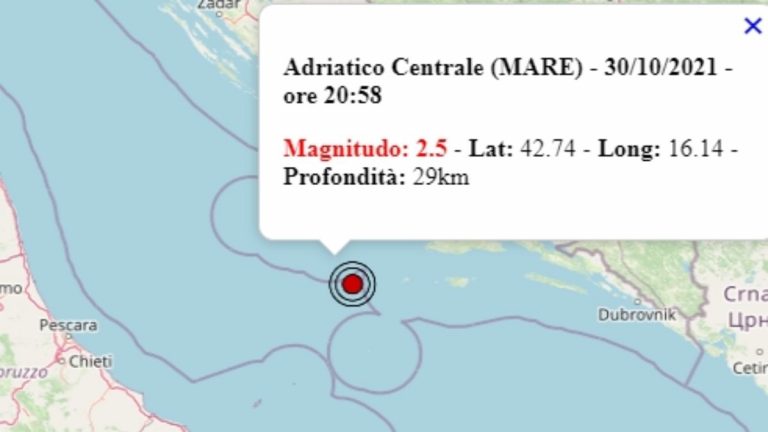 Terremoto in Italia oggi, 30 ottobre 2021, scossa M 2.5 sul mar Adriatico – Dati Ingv Terremoto in Italia oggi, 30 ottobre 2021, scossa M 2.5 sul mar Adriatico – Dati Ingv
