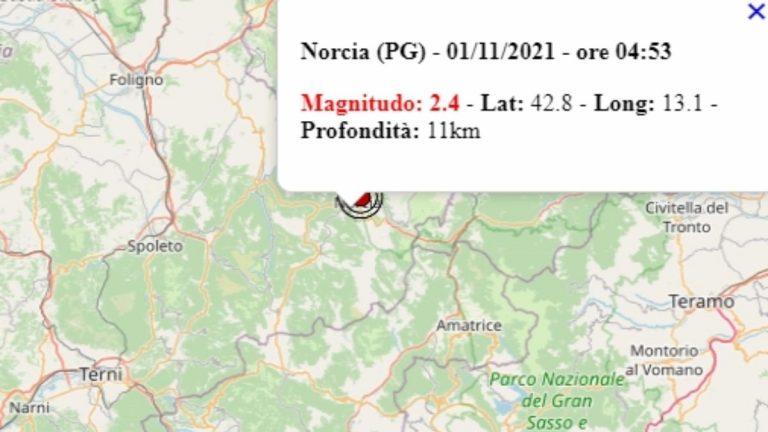 Terremoto in Umbria oggi, 1 novembre 2021: scossa M 2.4 in provincia di Perugia – Dati Ingv