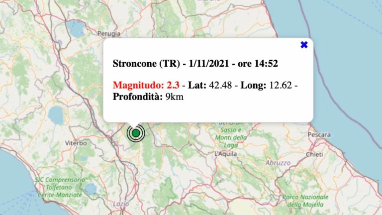 Terremoto in Umbria oggi, lunedì 1 novembre 2021: scossa M 2.3 in provincia di Terni | Dati INGV