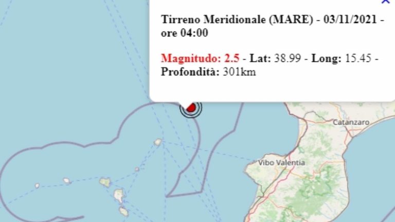 Terremoto in Calabria oggi, 3 novembre 2021, scossa M 2.5 sul mar Tirreno – Dati Ingv
