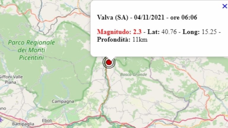 Terremoto in Campania oggi, 4 novembre 2021: scossa M 2.3 in provincia Salerno | Dati Ingv