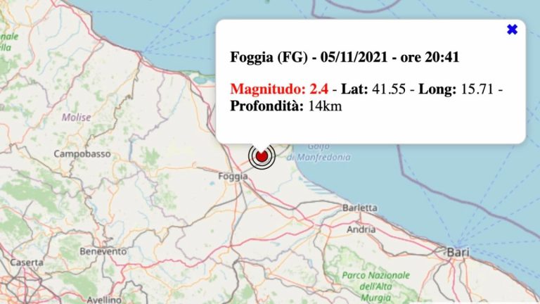 Terremoto in Puglia oggi, venerdì 5 novembre 2021: scossa M 2.4 a Foggia | Dati INGV