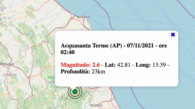 Terremoto nelle Marche oggi, domenica 7 novembre 2021: scossa M 2.6 in provincia di Ascoli Piceno | Dati INGV