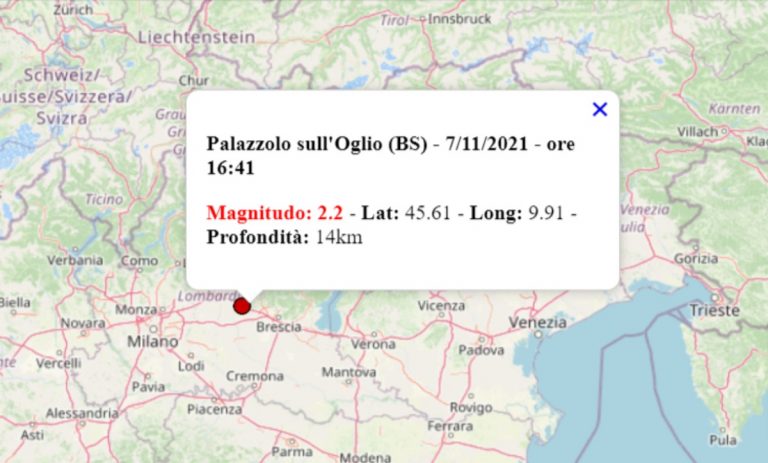 Terremoto oggi Lombardia, 7 novembre 2021: scossa M 2.2 in provincia Brescia – Dati INGV