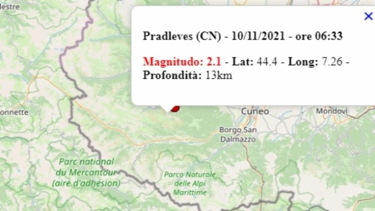Terremoto in Piemonte oggi, 10 novembre 2021, scossa M 2.1 in provincia di Cuneo – Dati Ingv