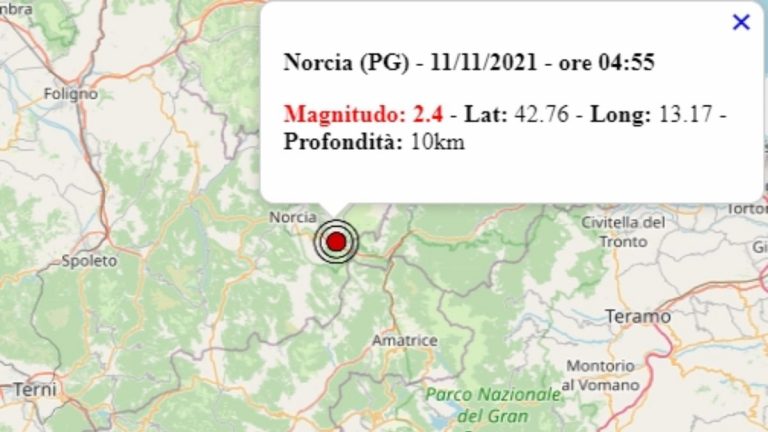 Terremoto in Umbria oggi, giovedì 11 novembre 2021, scossa M 2.4 in provincia di Perugia | Dati Ingv