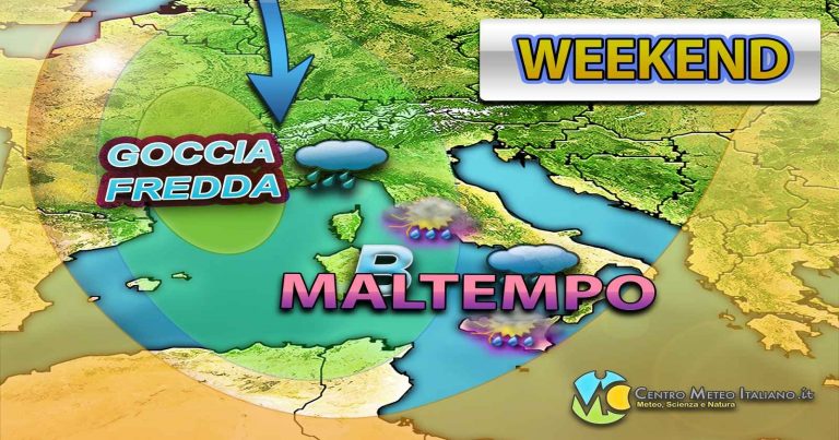 METEO WEEKEND – Goccia FREDDA porta PIOGGE e TEMPORALI in Italia, con NEVE sulle Alpi e generale CALO TERMICO
