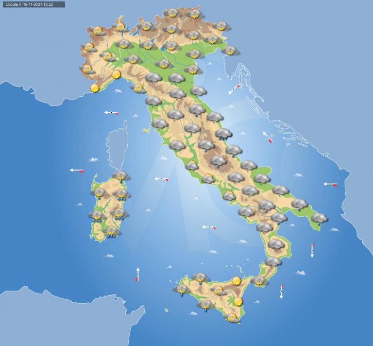 PREVISIONI METEO domani 16 novembre: cieli nuvolosi e tempo instabile in ITALIA con piogge sparse