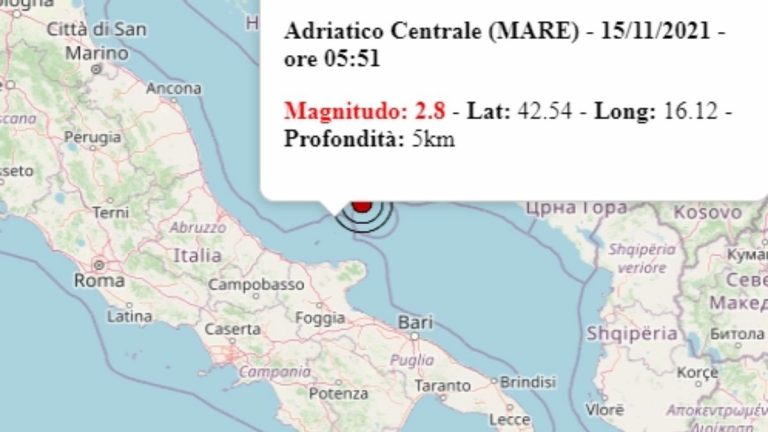 Terremoto in Italia oggi, lunedì 15 novembre 2021, scossa M 2.8 sul mar Adriatico | Dati Ingv