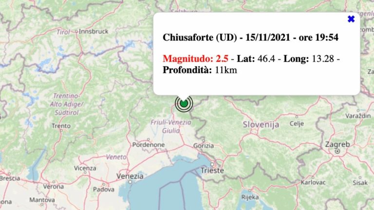 Terremoto in Friuli-Venezia Giulia oggi, lunedì 15 novembre 2021: scossa M 2.5 in provincia di Udine | Dati INGV