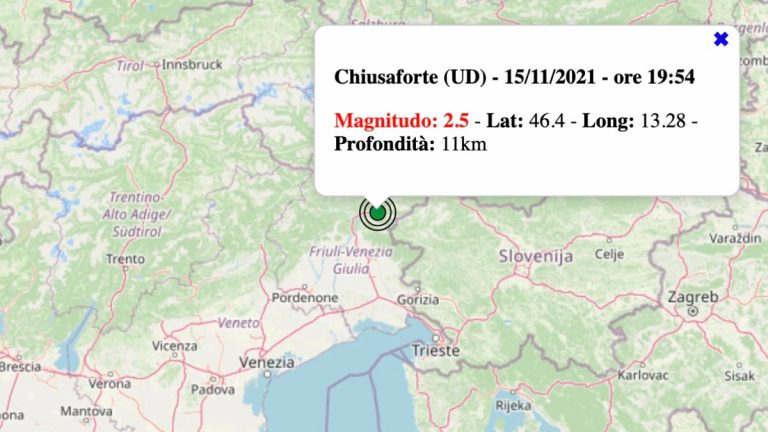 Terremoto in Friuli-Venezia Giulia oggi, lunedì 15 novembre 2021: scossa M 2.5 in provincia di Udine | Dati INGV Terremoto in Friuli-Venezia Giulia oggi, lunedì 15 novembre 2021: scossa M 2.5 in provincia di Udine | Dati INGV