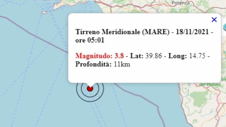 Terremoto in Campania oggi, 18 novembre 2021: scossa M 3.8 sul Tirreno | Dati Ingv