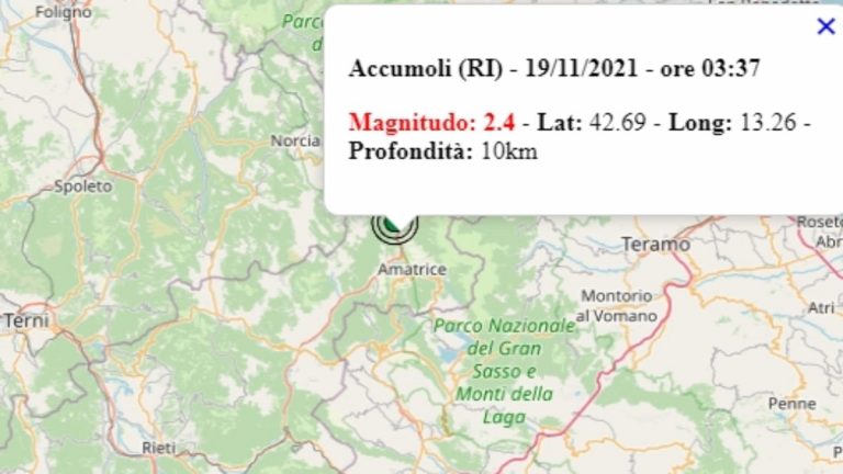 Terremoto nel Lazio oggi, 19 novembre 2021, scossa M 2.4 in provincia di Rieti | Dati Ingv