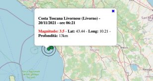 Terremoto in Toscana oggi, sabato 20 novembre 2021: scossa M 3.5 vicino Livorno
