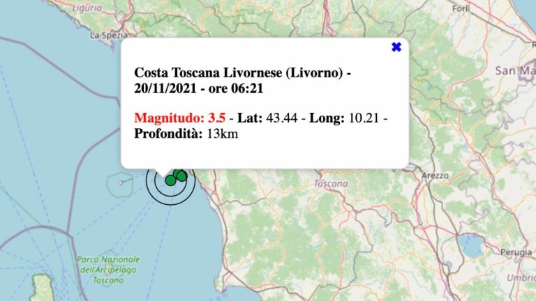 Terremoto in Toscana oggi, sabato 20 novembre 2021: scossa M 3.5 nel livornese | Dati INGV