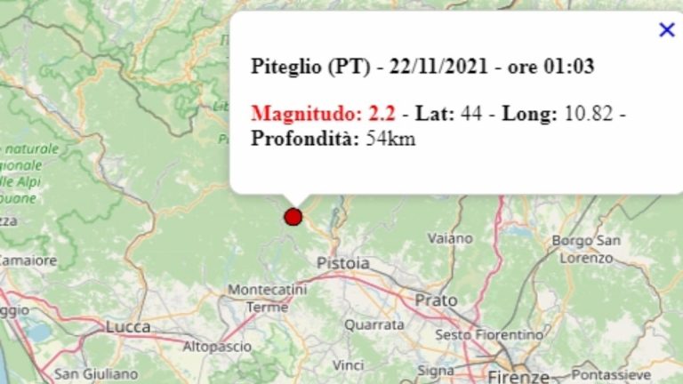 Terremoto in Toscana oggi, 22 novembre 2021: scossa M 2.2 in provincia di Pistoia | Dati Ingv