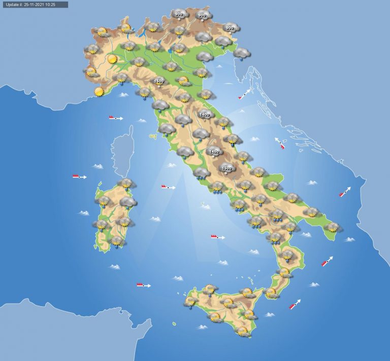 PREVISIONI METEO domani 26 novembre: maltempo con piogge e temporali in ITALIA, neve sulle montagne