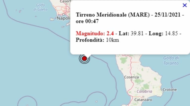 Terremoto in Calabria oggi, 25 novembre 2021: scossa M 2.4 sul Tirreno meridionale | Dati Ingv