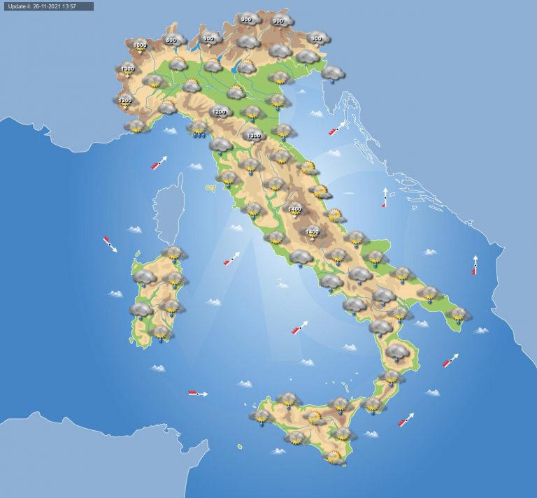 PREVISIONI METEO domani 27 novembre: tempo instabile o perturbato in ITALIA con piogge e neve