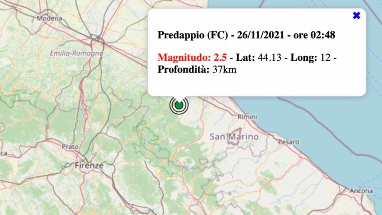 Terremoto in Emilia-Romagna oggi, 26 novembre 2021: scossa M 2.5 in provincia di Forlì-Cesena | Dati INGV