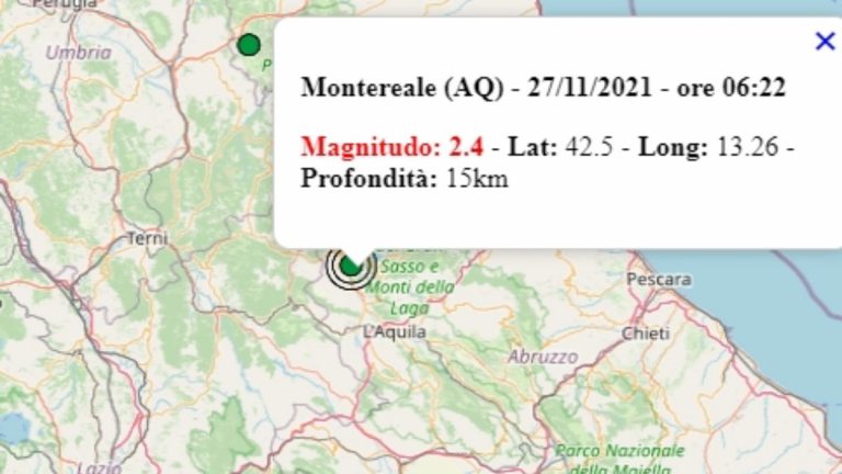 Terremoto in Abruzzo oggi, sabato 27 novembre 2021: scossa M 2.4 in provincia de L’Aquila | Dati INGV