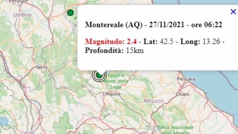Terremoto in Abruzzo oggi, sabato 27 novembre 2021: scossa M 2.4 in provincia de L’Aquila | Dati INGV Terremoto in Abruzzo oggi, sabato 27 novembre 2021: scossa M 2.4 in provincia de L’Aquila | Dati INGV