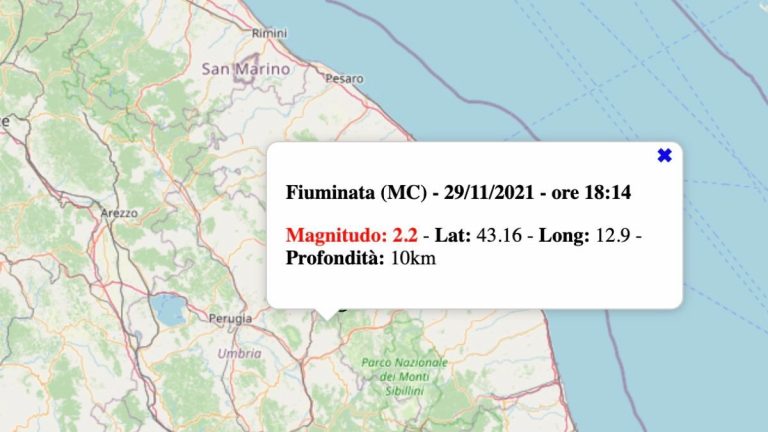 Terremoto nelle Marche oggi, lunedì 29 novembre 2021: scossa M 2.2 in provincia di Macerata | Dati INGV