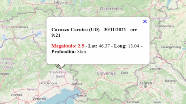 Terremoto oggi in Friuli-Venezia Giulia, 30 novembre 2021: scossa M 2.5 in provincia di Udine – Dati INGV