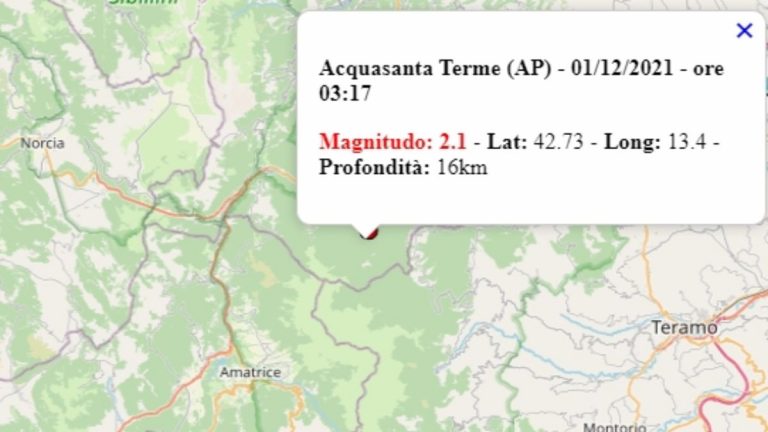 Terremoto nelle Marche oggi, 1 dicembre 2021: scossa M 2.1 in provincia di Ascoli Piceno | Dati Ingv
