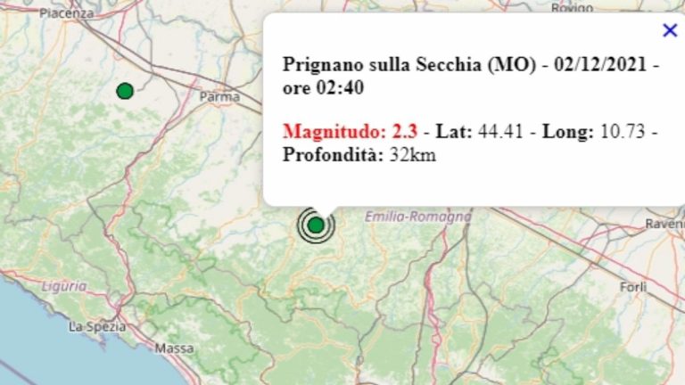 Terremoto in Emilia Romagna oggi, 2 dicembre 2021, scossa M 2.3 in provincia di Modena | Dati Ingv