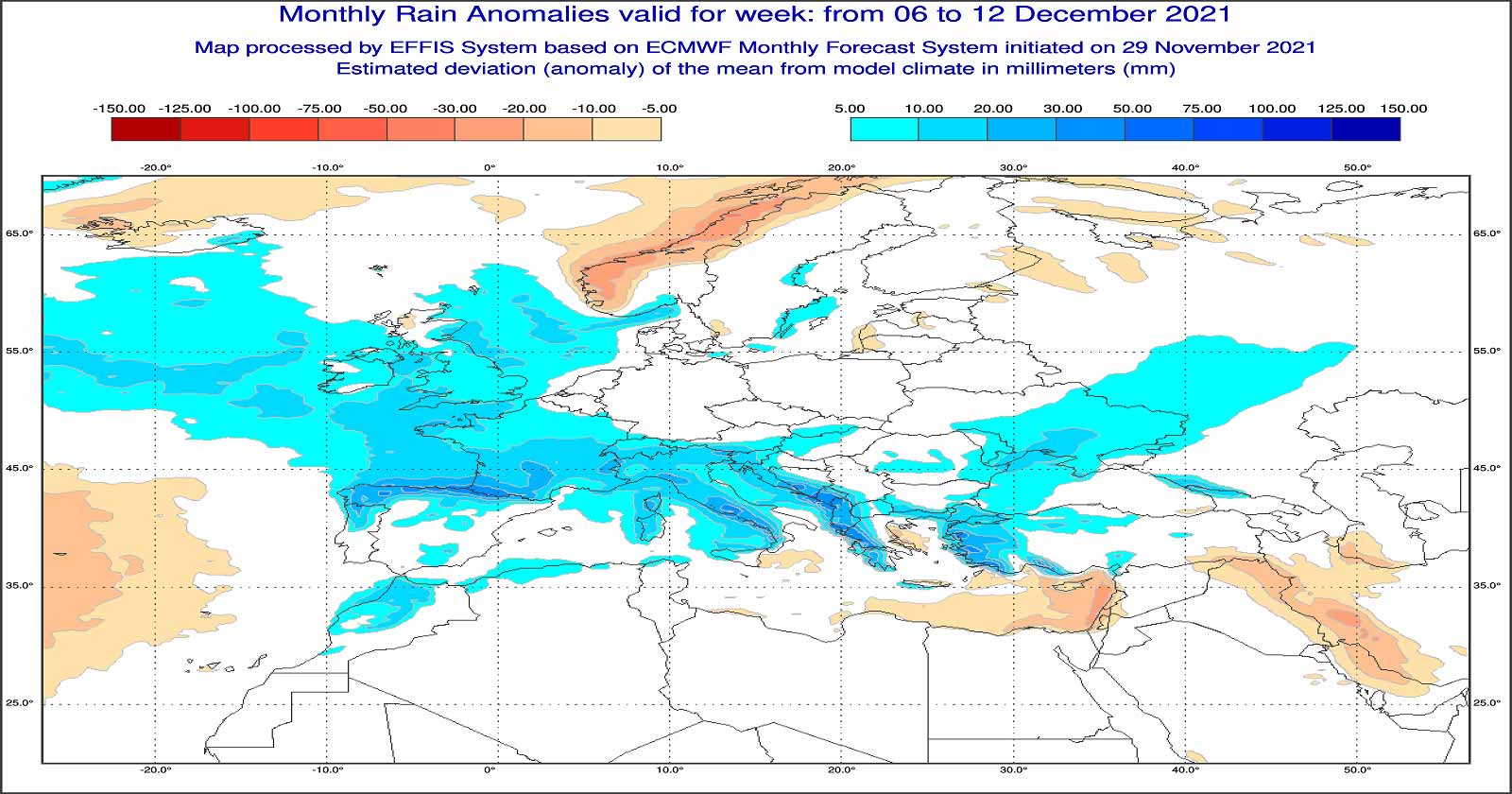 Anomalie di precipitazione previste tra il 6 e il 12 dicembre - effis.jrc.ec.europa.eu