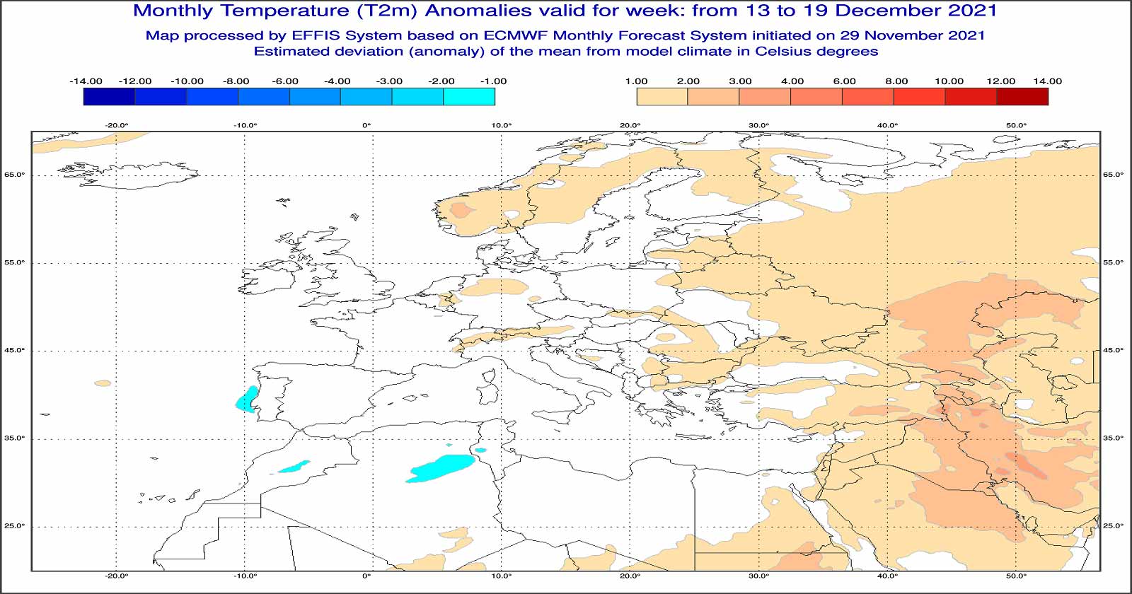 Anomalie di temperatura previste tra il 13 e il 19 dicembre - effis.jrc.ec.europa.eu