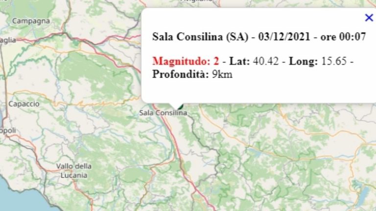 Terremoto in Campania oggi, venerdì 3 dicembre 2021, scossa M 2.0 in provincia di Salerno – Dati Ingv