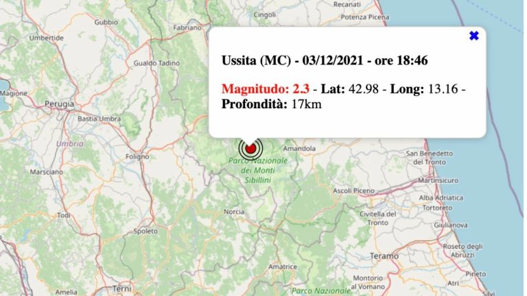 Terremoto nelle Marche oggi, venerdì 3 dicembre 2021: scossa M 2.3 in provincia di Macerata | Dati INGV