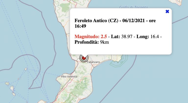 Terremoto in Calabria oggi, lunedì 6 dicembre 2021: scossa M 2.5 in provincia di Catanzaro | Dati INGV