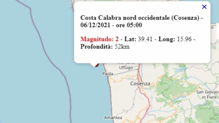 Terremoto in Calabria oggi, 6 dicembre 2021, scossa M 2.0 in provincia di Cosenza – Dati Ingv