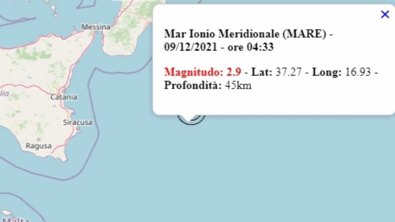 Terremoto in Italia oggi, 9 dicembre 2021, scossa M 2.9 sul Mar Ionio Meridionale – Dati Ingv Terremoto in Italia oggi, 9 dicembre 2021, scossa M 2.9 sul Mar Ionio Meridionale – Dati Ingv