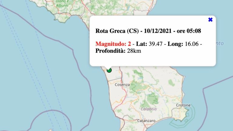 Terremoto in Calabria oggi, venerdì 10 dicembre 2021: scossa M 2.0 in provincia di Cosenza | Dati INGV