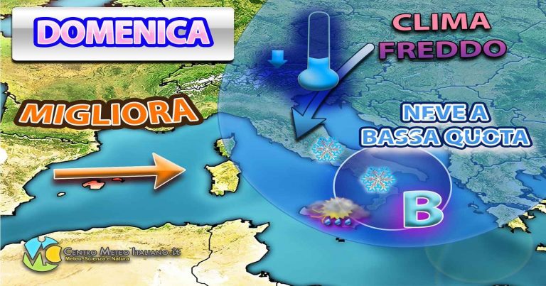 METEO – WEEKEND parte con MALTEMPO INVERNALE e NEVE a BASSA QUOTA, poi avanza l’ANTICICLONE