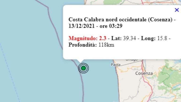 Terremoto oggi in Calabria, 13 dicembre 2021, scossa M 2.3 in provincia di Cosenza – Dati Ingv