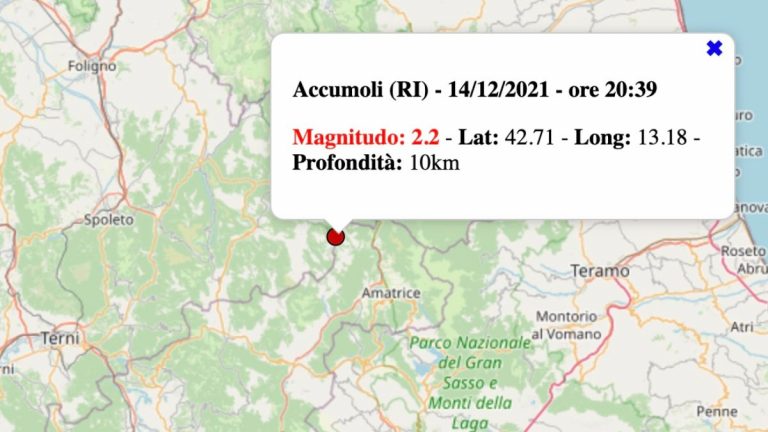 Terremoto nel Lazio oggi, martedì 14 dicembre 2021: scossa M 2.2 in provincia di Rieti | Dati INGV