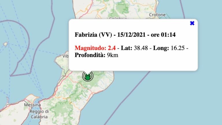 Terremoto in Calabria oggi, mercoledì 15 dicembre 2021: scossa M 2.4 in provincia di Vibo Valentia | Dati INGV