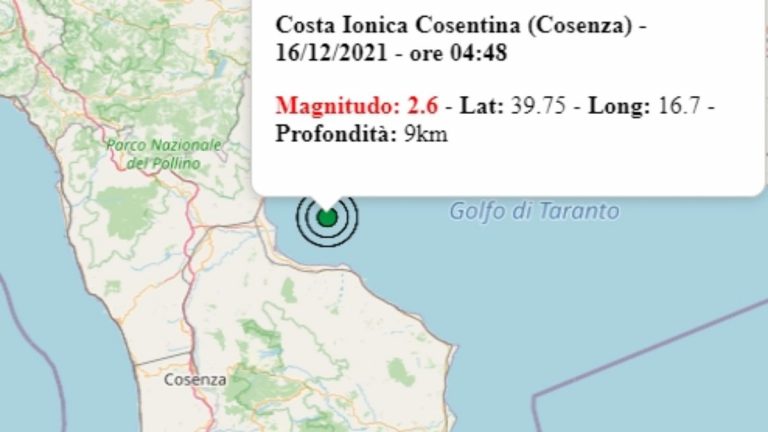 Terremoto in Calabria oggi, 16 dicembre 2021: scossa M 2.6 in provincia di Cosenza – Dati Ingv