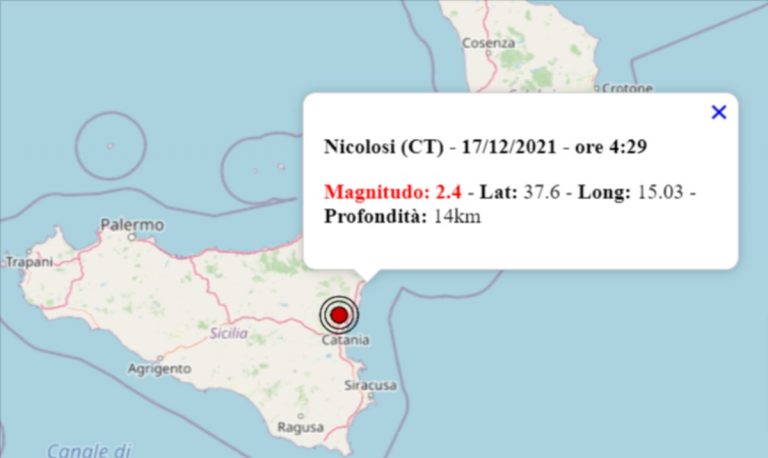 Terremoto oggi in Sicilia, 17 dicembre 2021: scossa M 2.4 in provincia di Catania | Dati INGV